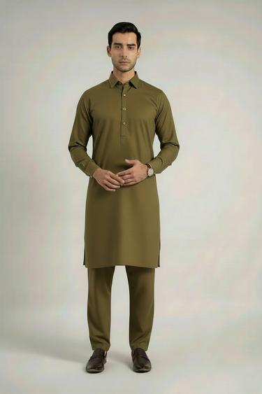 MEN'S BLENDED KAMEEZ SHALWAR – OLIVE