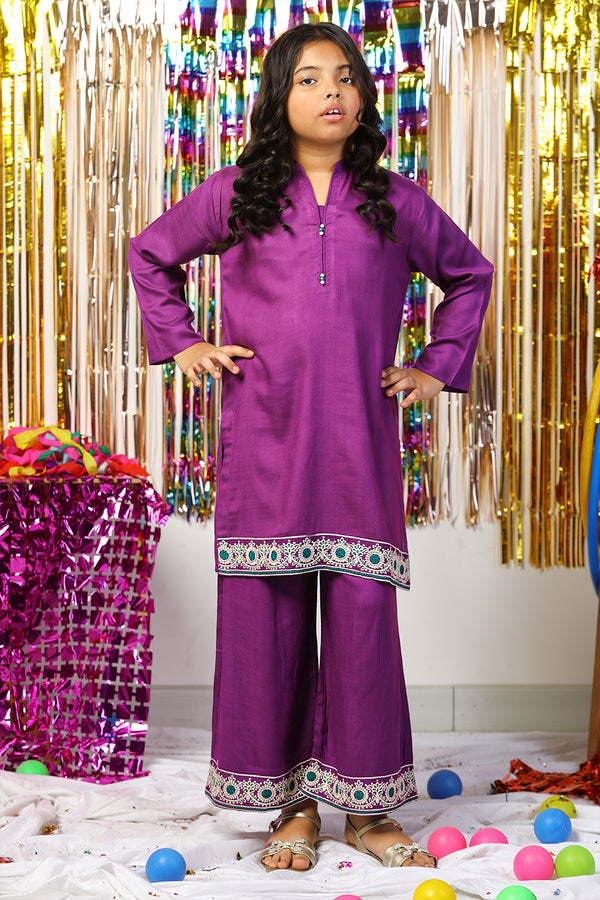 Purple Dyed Embroidered Slub Linen Suit - Prime Point Store