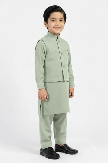 Boys Kameez Shalwar & Waistcoat Combo – LIGHT OLIVE