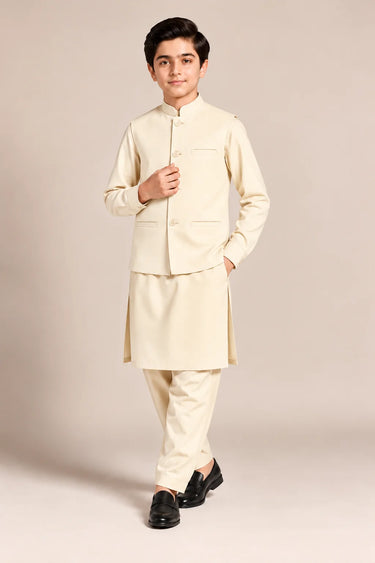 Boys Kameez Shalwar & Waistcoat Combo – cream