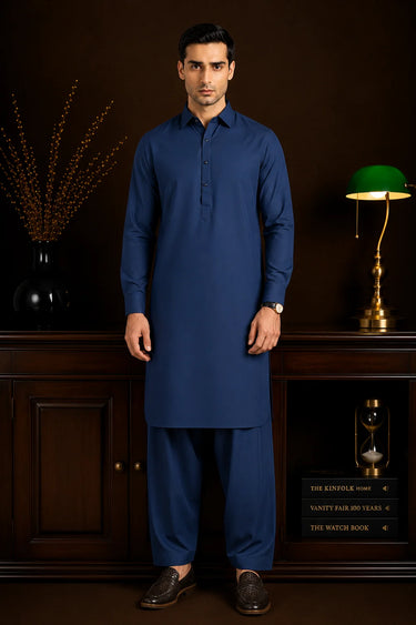 Navy Blue Blended Kameez Shalwar