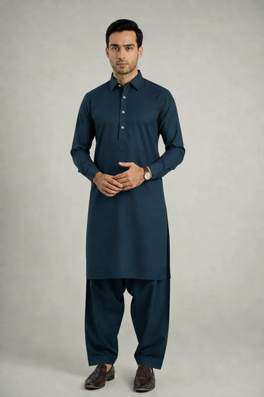 MEN'S BLENDED KAMEEZ SHALWAR – TEAL GREEN