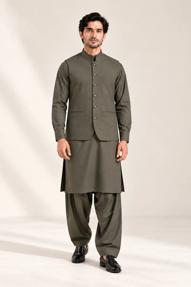Men's Blended Kameez Shalwar with Waistcoat – OLIVE