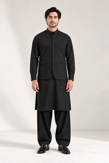 Men's Blended Kameez Shalwar with Waistcoat – BLACK