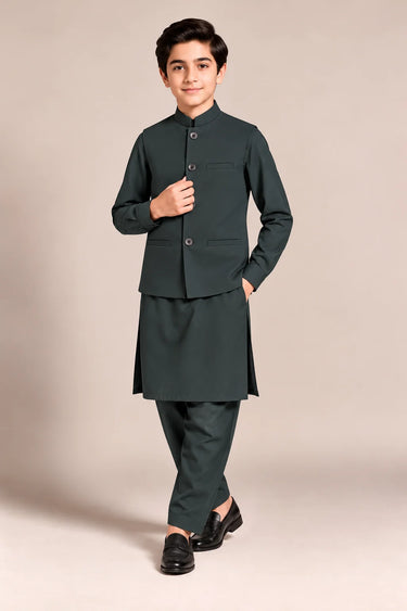 Boys Kameez Shalwar & Waistcoat Combo – teal green