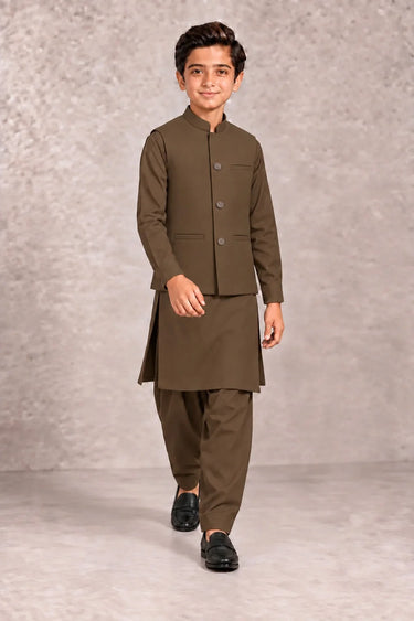 Boys Kameez Shalwar & Waistcoat Combo – coffee brown