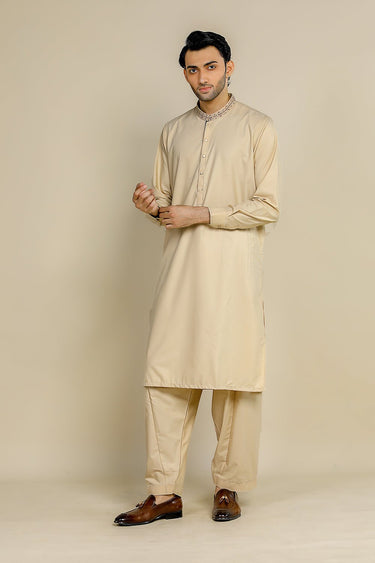 Beige PV Embroidered Kameez Shalwar For Men - Prime Point Store
