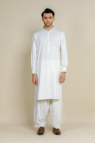 Cream PV Embroidered Kameez Shalwar For Men - Prime Point Store