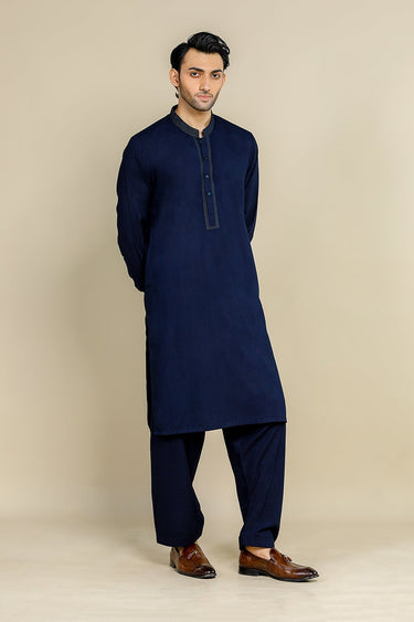 Navy Blue Cotton Embroidered Kameez Shalwar For Men - Prime Point Store