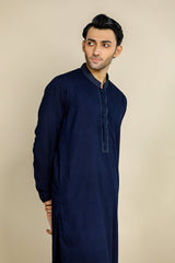 Navy Blue Cotton Embroidered Kameez Shalwar For Men - Prime Point Store