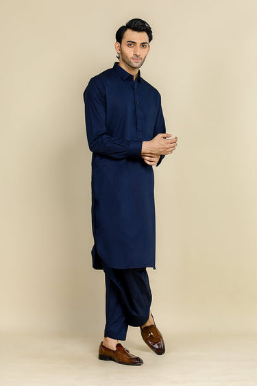 Navy Blue Cotton Satin Kameez Shalwar For Men - Prime Point Store