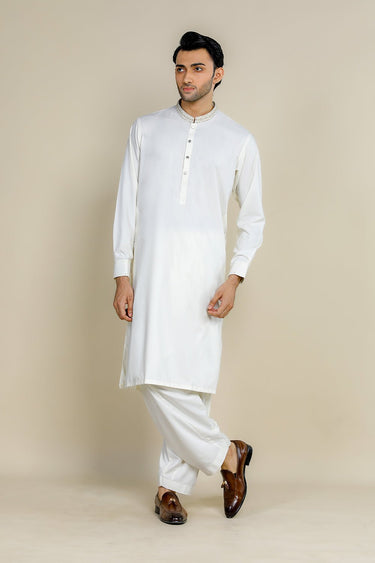 Off White Cotton Embroidered Kameez Shalwar For Men - Prime Point Store