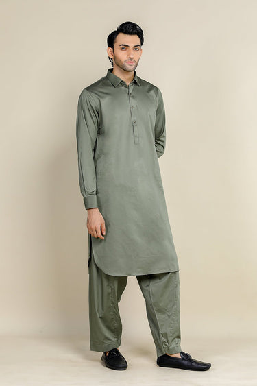 Olive Cotton Satin Kameez Shalwar For Men - Prime Point Store