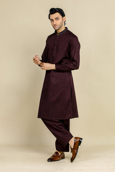 Plum Cotton Embroidered Kameez Shalwar For Men - Prime Point Store