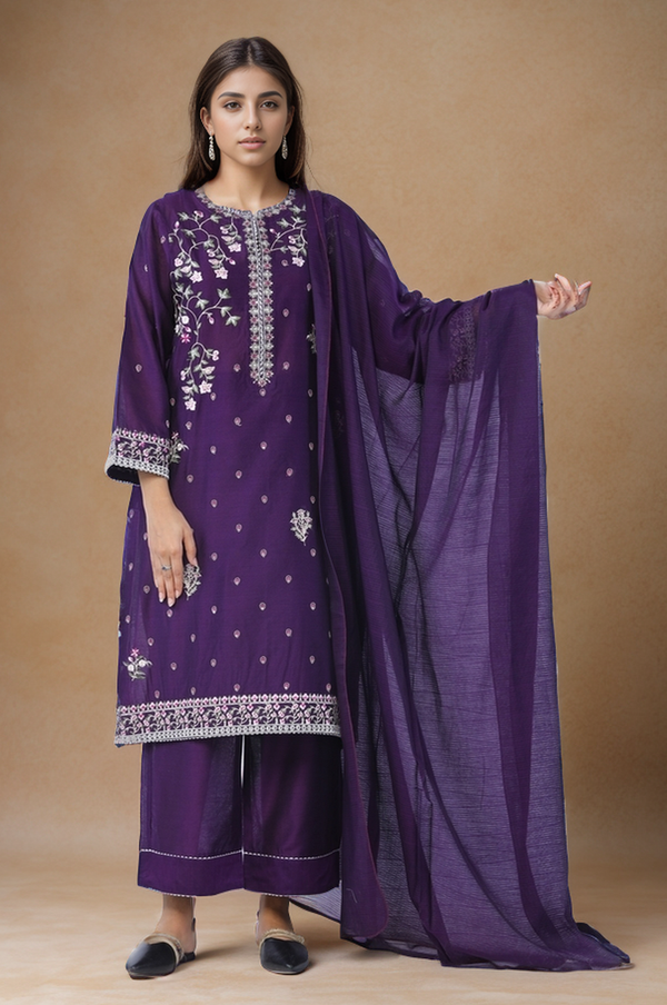 3 Pc Embroidered Cotton Silk Luxury Stitched Suit - Prime Point Store