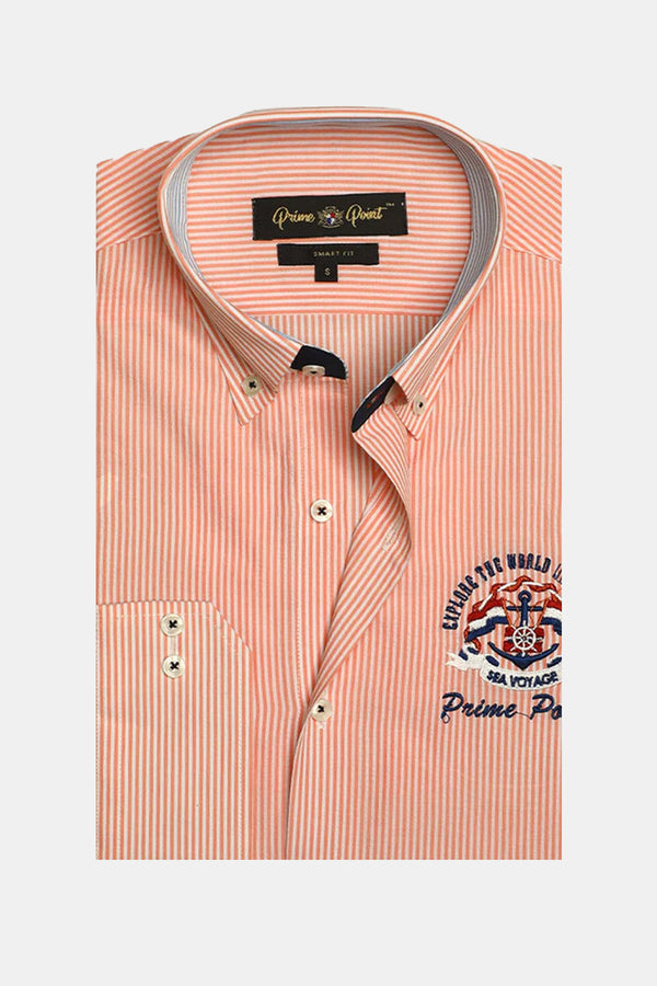 Orange Embroidered Casual Stripe Shirt