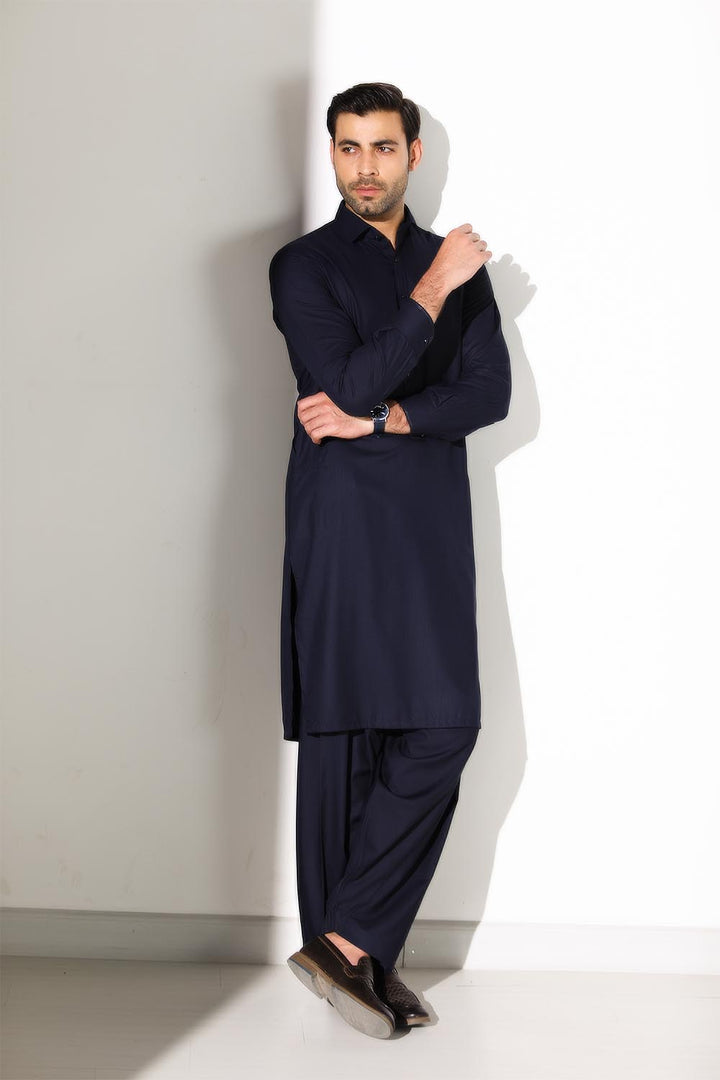 Dark Blue Blended Casual Shalwar Kameez For Men - Prime Point Store