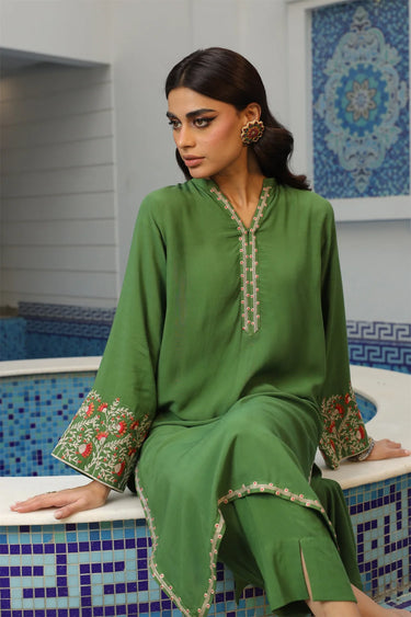 2 Pc Solid Embroidered Slub Linen Stitched Suit