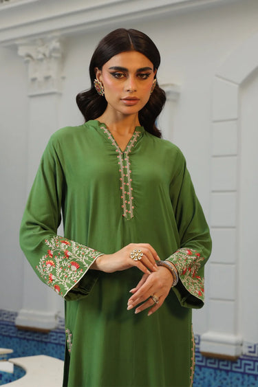 2 Pc Solid Embroidered Slub Linen Stitched Suit