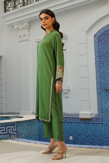 2 Pc Solid Embroidered Slub Linen Stitched Suit