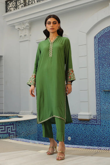 2 Pc Solid Embroidered Slub Linen Stitched Suit