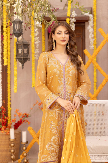 3 Pc Embroidered Zari Net Luxury Stitched Suit