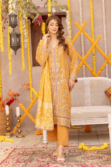 3 Pc Embroidered Zari Net Luxury Stitched Suit