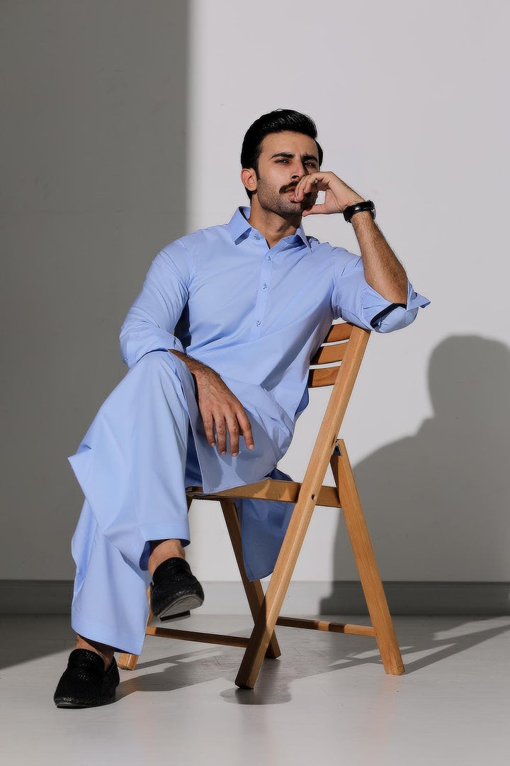 Light Blue Blended Casual Shalwar Kameez For Men - Prime Point Store