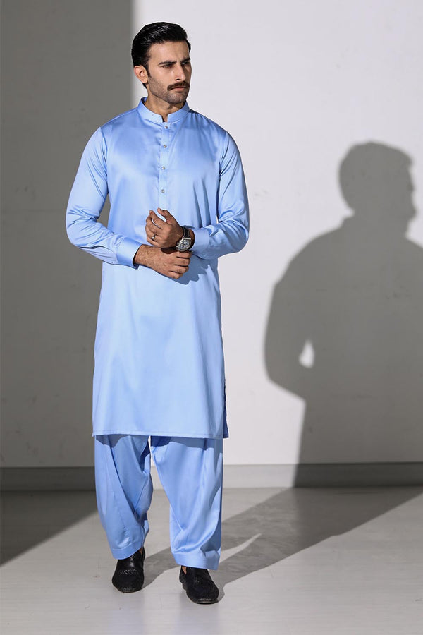 Light Blue Blended Casual Shalwar Kameez For Men - Prime Point Store