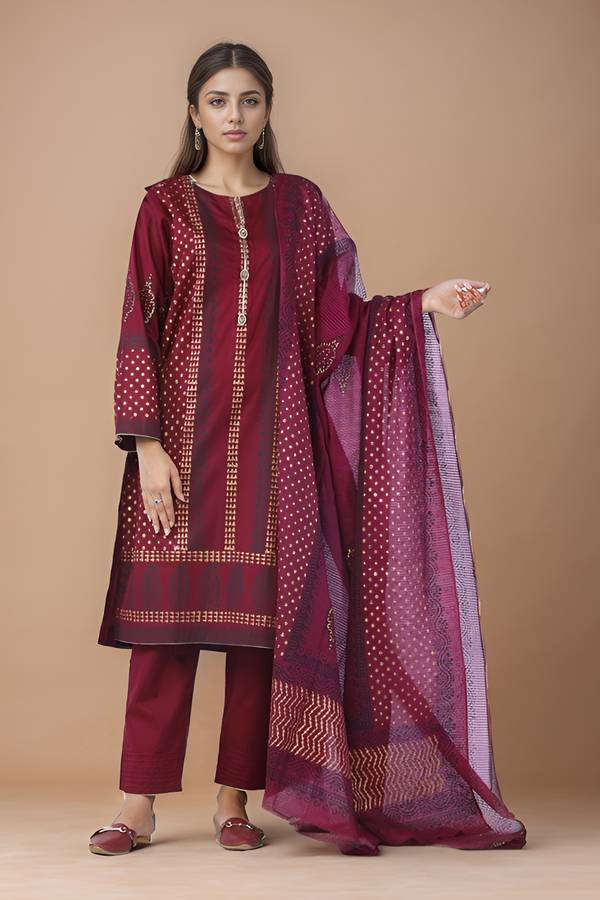 3 Pc Block Printed Cambric Stitched Suit - Prime Point Store