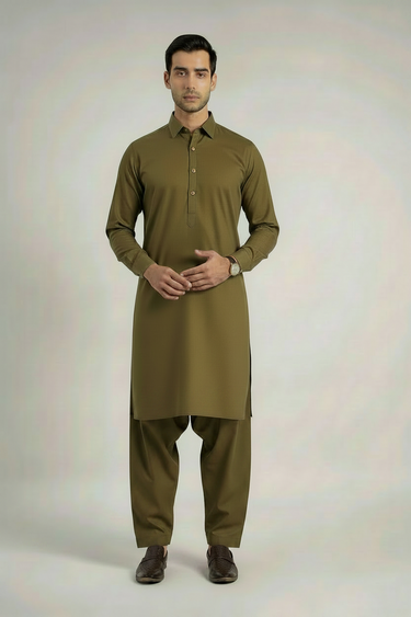 MEN'S BLENDED KAMEEZ SHALWAR – OLIVE