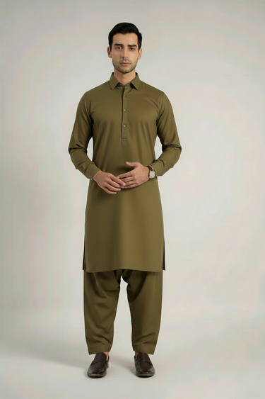 MEN'S BLENDED KAMEEZ SHALWAR – OLIVE