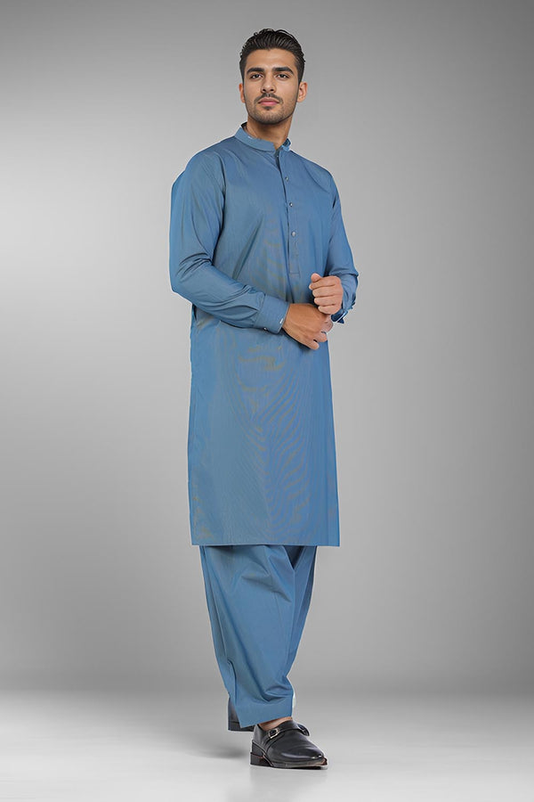 Teal Blue Blended Casual Shalwar Kameez For Men - Prime Point Store