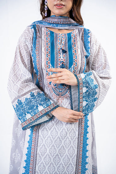 3 Pc Cotton Printed Cambric Unstitched Suit - Prime Point Store