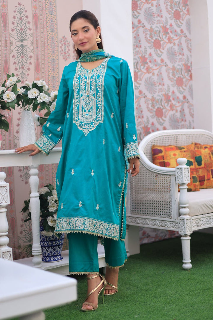 3 Pc Dobby Embroidered Luxury Stitched Suit - Prime Point Store