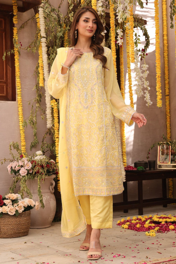 3 Pc Embroidered Chiffon Luxury Stitched Suit - Prime Point Store