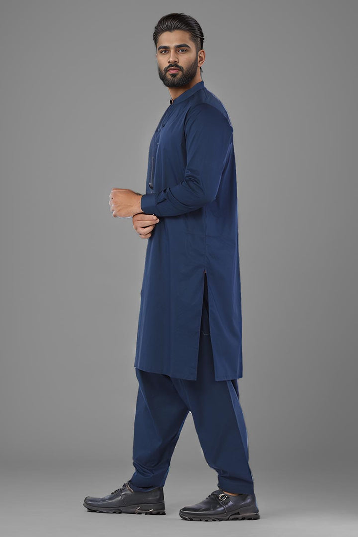 Navy Blue Blended Casual Shalwar Kameez For Men - Prime Point Store