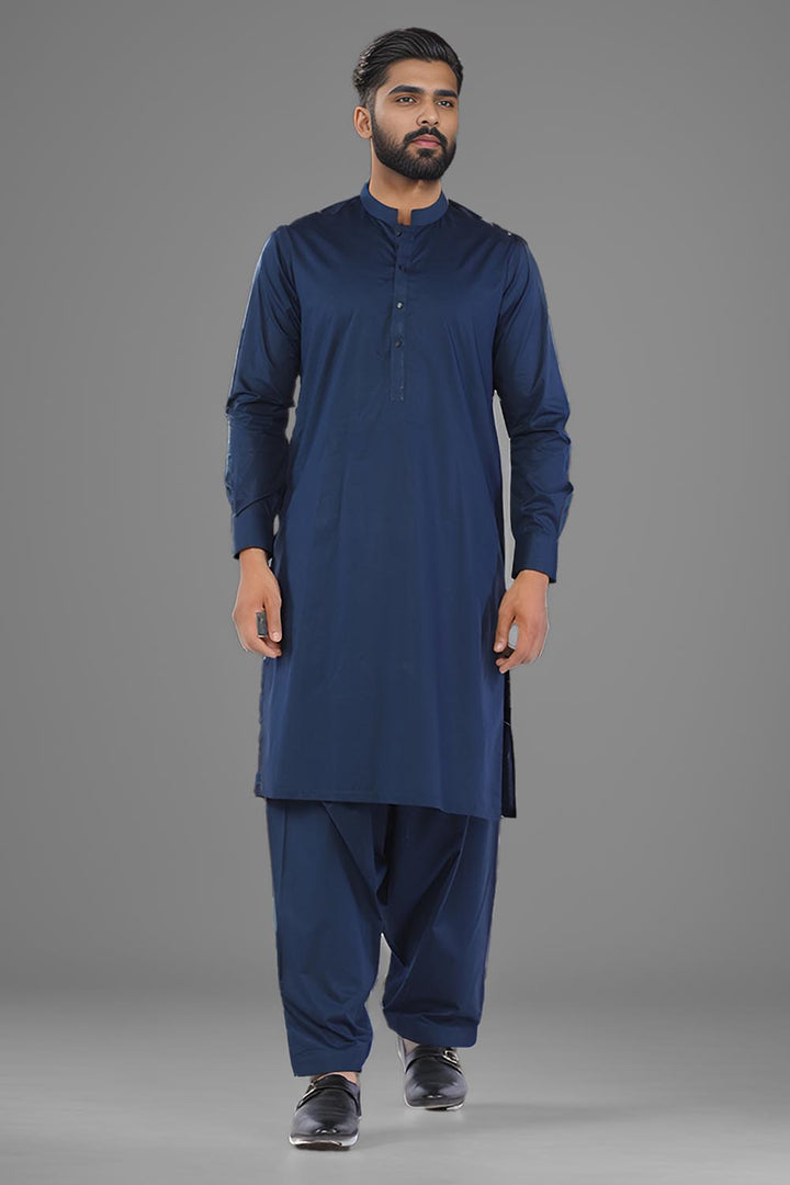 Navy Blue Blended Casual Shalwar Kameez For Men - Prime Point Store