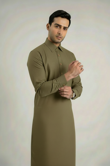 MEN'S BLENDED KAMEEZ SHALWAR – OLIVE