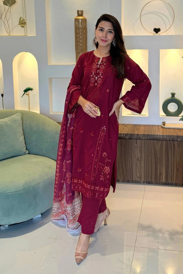 3 PIECE - EMBROIDERED CAMBRIC SUIT