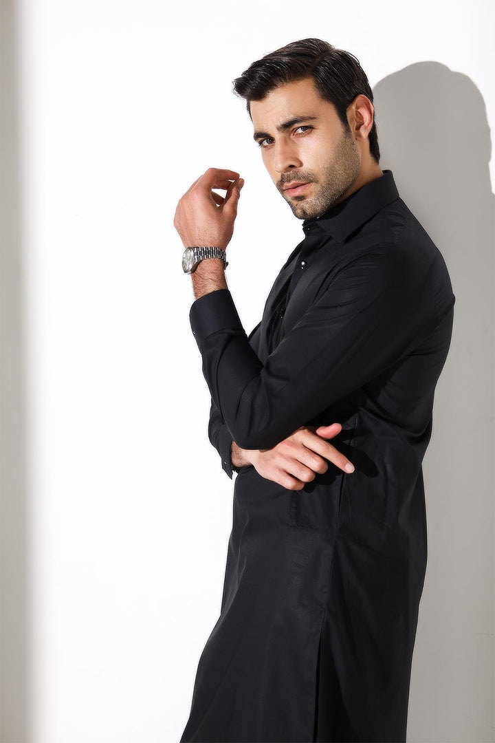 Black Blended Casual Shalwar Kameez For Men - Prime Point Store