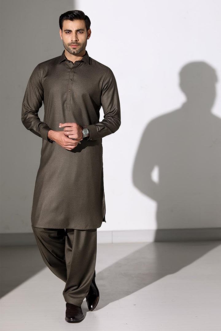 Olive Blended Casual Shalwar Kameez For Men - Prime Point Store