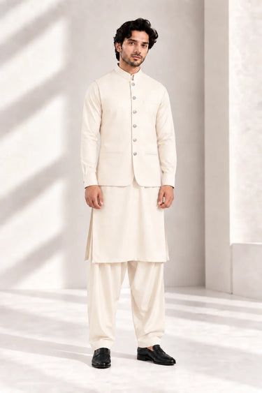 Men's Blended Kameez Shalwar with Waistcoat – CREAM