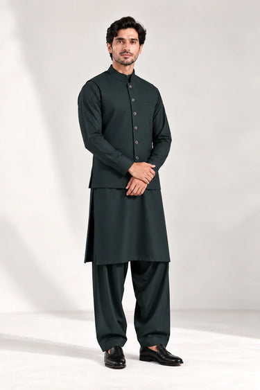 Men's Blended Kameez Shalwar with Waistcoat – DARK GREEN