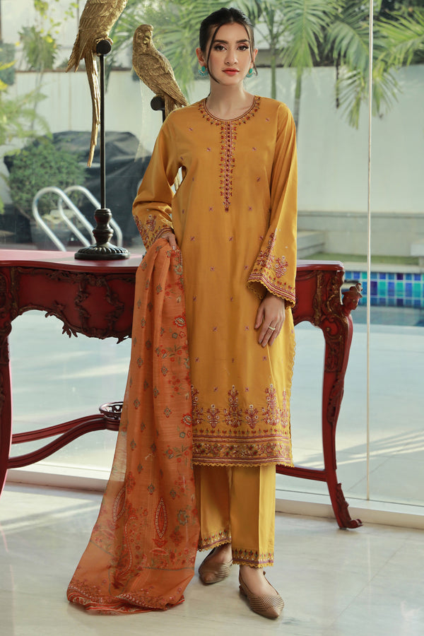 3 Pc Cambric Dyed Embroidered Stitched Suit