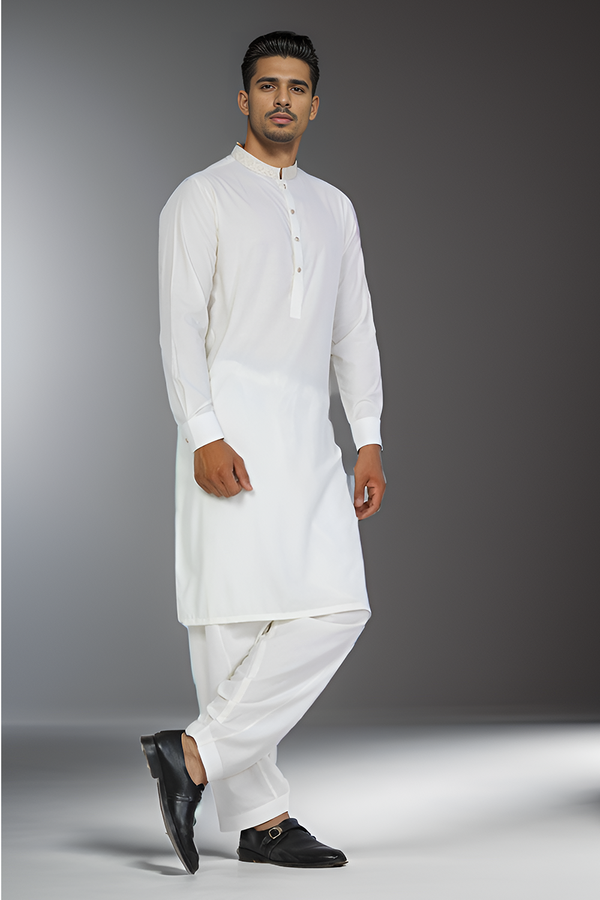 Cream Blended Casual Shalwar Kameez For Men