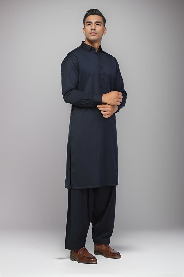 Dark Blue Blended Casual Shalwar Kameez For Men - Prime Point Store