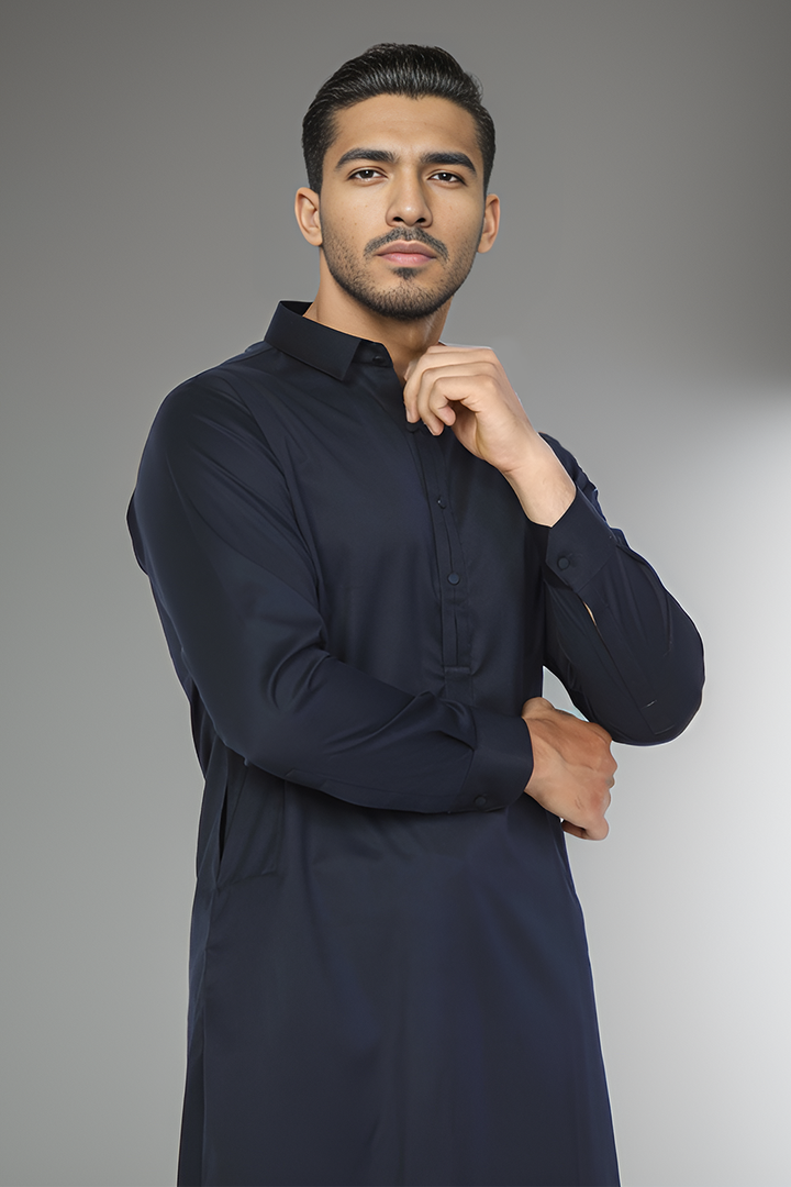 Dark Blue Blended Casual Shalwar Kameez For Men - Prime Point Store