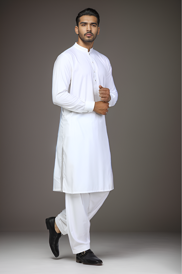 Milky White Blended Casual Shalwar Kameez For Men - Prime Point Store