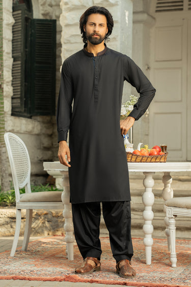 Black Embroidered Wash & Wear Shalwar Kameez For Men